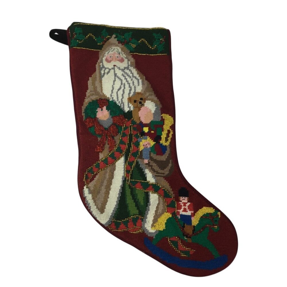 Needlepoint Christmas Stocking Vintage Victorian Santa Toys Teddy Doll Wool Yarn